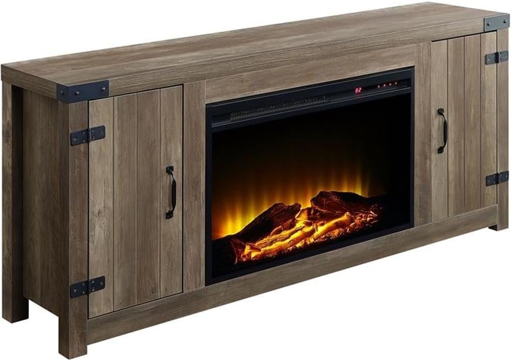 ACME Tobias Electric Fireplace Rustic Farmhouse TV Stand with Double Barn Door for TVs up to 60", Rustic Oak Finish
