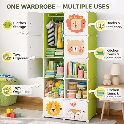 Image of 8 Door Kids Cartoon Wardrobe Storage Cabinet - DIY Modular Clothes Organizer with Hanging Cartoon Design Wardrobe with Multi for Bedroom, Living Room,Entryway (Green, 8-Door)