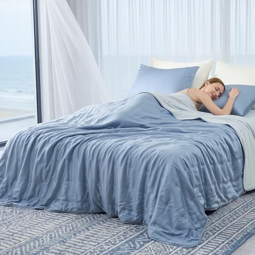 Amlie Home Cooling Comforter with Natural Tencel Lyocell Cooling Blanket for Hot Sleepers Night Sweats & Light Sleepers Soft & Breathable Lightweight Summer Blanket Q-Max 0.45 King Blue