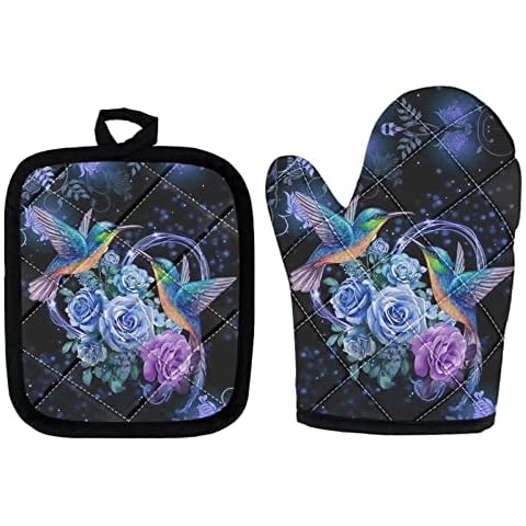 Upetstory Hummingbird Oven Mitts and Pot Holders Sets Oven Gloves and Square Potholder Kitchen Set for BBQ Cooking Baking,Grilling,Barbecue,Machine Washable Cover