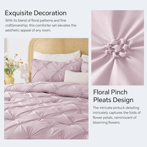 Image of BEDELITE King Comforter Set Light Purple,Lightweight & Soft Comforter | Pintuck Boho Bedding, Warm & Cute Bed Set for All Season,With 2 Pillowcases