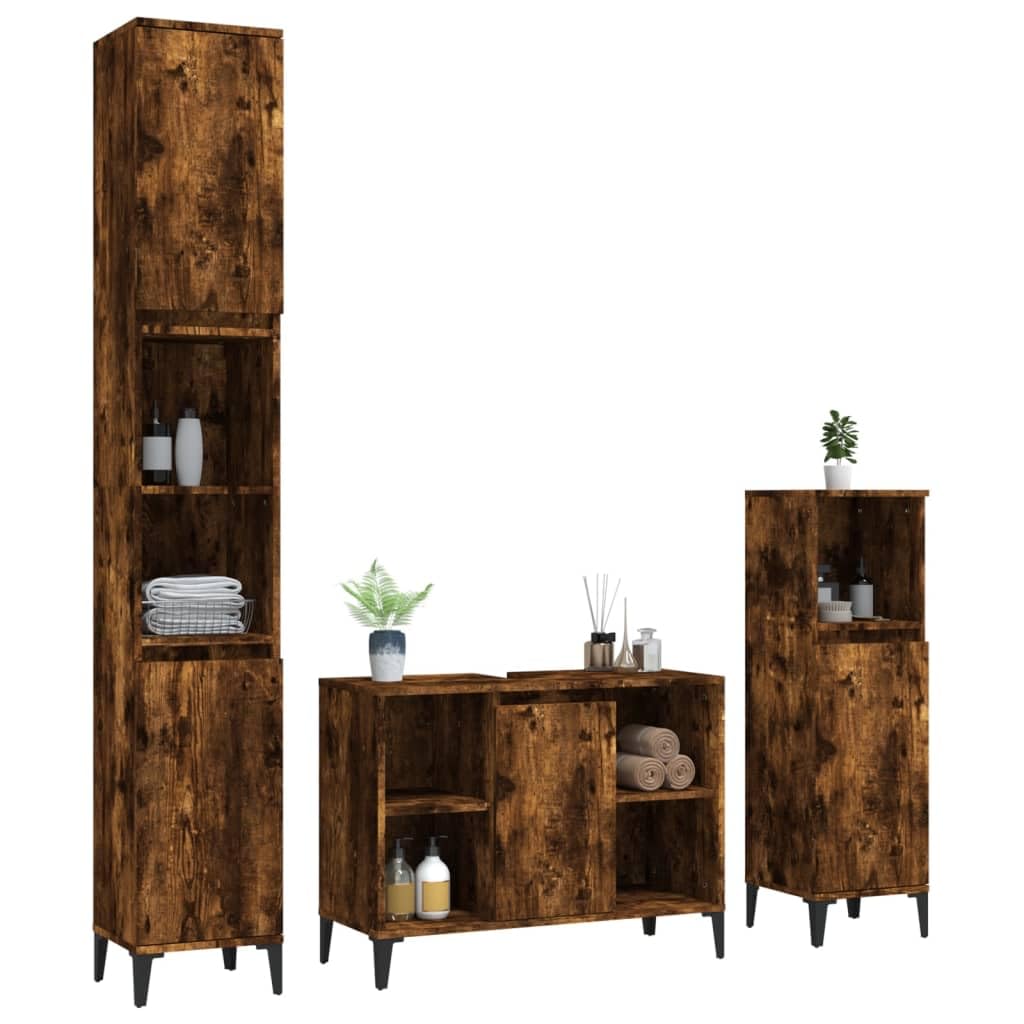 Set di mobili da bagno in rovere affumicato, 3 pezzi, con mobiletto sottolavabo, armadietto alto e cassettiera per riporre oggetti, lavandino e WC degli ospiti
