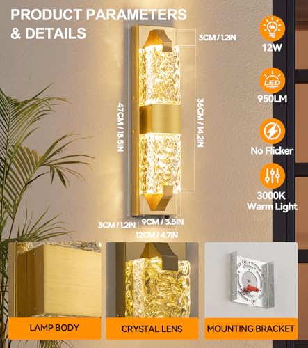 Image of 18.5 inch Gold Outdoor Wall Light Fixture,12W Dusk to Dawn LED 1-Pack | IP65 Waterproof, Ripple Crystal, Hardwired Modern Exterior Sconce, Auto On /Off, for Porch Patio Hallway Entryway House