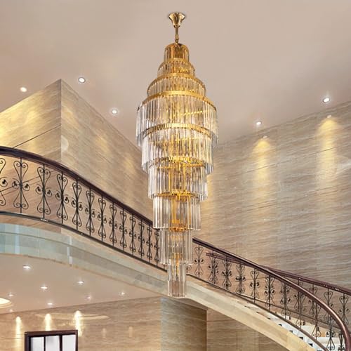 Image of Harold Electricals Caverna Long Crystal Chandelier | Staircase Chandelier Light Fixture for High Ceiling Hallway, Living Room, Hotel & Entryways - 2ft(Dia) X7ft (Height) Gold Plate