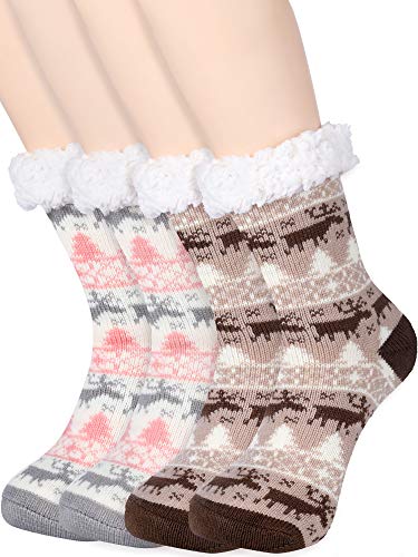 2 Pairs Women Fuzzy Socks Christmas Slipper Socks Winter Slipper Lined Socks (Color Set 1)