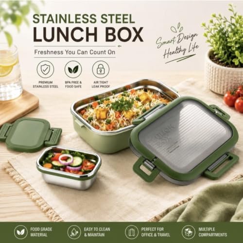 Image of MARKWELL Stainless Steel Lunch Box 700ml + 200ml | Leak Resistant Tiffin Box with Mini Container | BPA Free Lunch Box for Office, School, College, Kids & Travel | Multicolor
