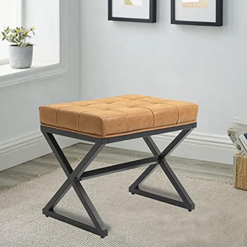 Czlolo 20" W×18“H Leather Vanity Stool with Metal X Base, Modern Upholstered Tufted Ottoman Bench for Living Room/Bedroom/Makeup Room/Entryway, Brown