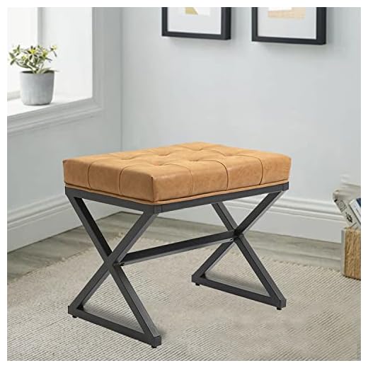 Czlolo 20" W×18“H Leather Vanity Stool with Metal X Base, Morden Upholstered Tufted Ottoman Bench for Living Room/Bedroom/Makeup Room/Entryway, Brown