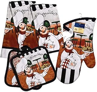 Kitchen Linen Set Includes 2 Dish Towel 2 Pot Holders 1 Oven Mitt | Kitchen Towel Set for Cooking, Baking, Housewarming and Kitchen Decoration (Set of 5) (Chef)