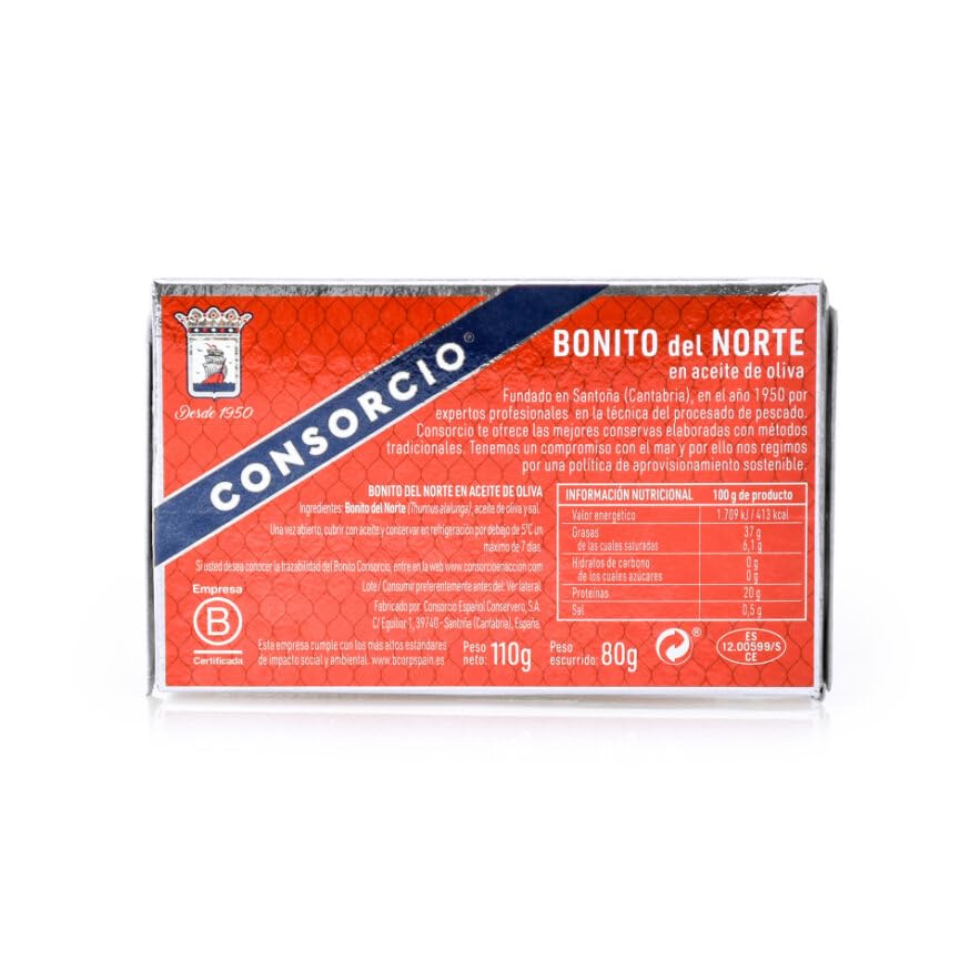 Consorcio - Bonito del Norte en Aceite | 16 Latas de 110 gr, Total de 1760 gr | Bonito de Santoña con Aceite y Sal en Lata | 100% Natural