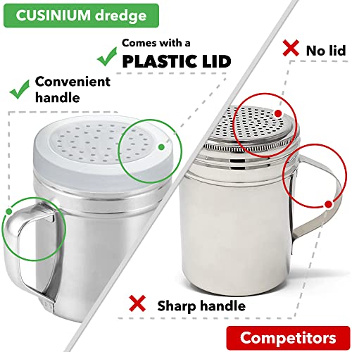 Cusinium Metal Salt Pepper Dredge Shakers - With Handle - Seasonings Spice Shakers With Holes And Lids - 10 Ounce, 2Pcs #TOP2