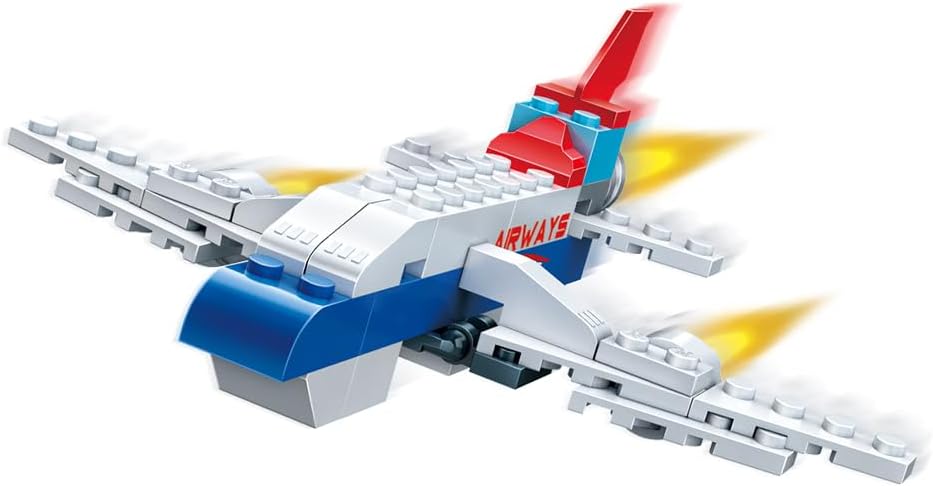 A white and blue airplane built from ZURU MAX Build More bricks.