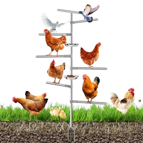 Image of Large Chicken Perch Toys, Wood & Metal 7 Branches Perch Stand with Metal Ground Plug, Outdoor Bird Playground Toy, Birds Training Branch Perch, Chicken Coop Accessories for Bird Parrot Poultry Rooster