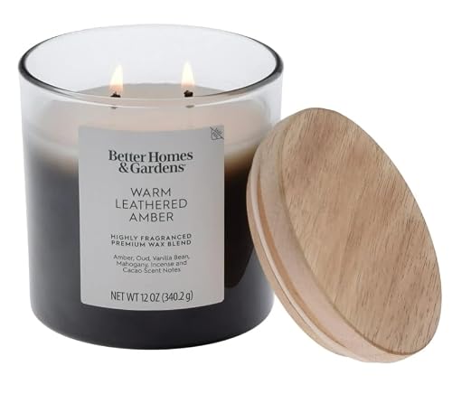 Generic Better Homes and Gardens 12oz Gardens Warm Leathered Amber Scented 2-Wick Ombre Jar Candles with Premium Wooden Lid (Pack of 2)