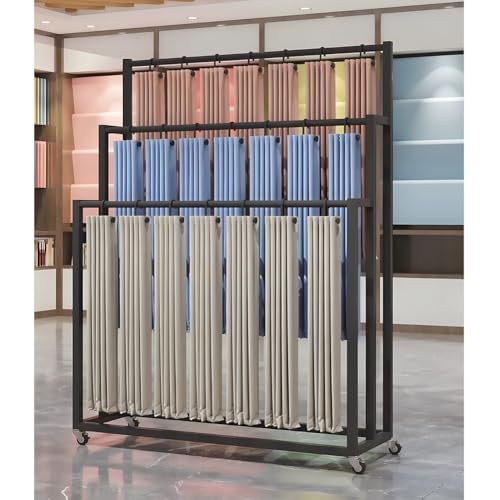 Movable Floor Standing Iron Scarf Display Rack, Fabric Sample Hanging Storage Organzier with Wheels, Trousers Carpet Multi-layer Storage Display Rack, for Boutique Display(Black,150x40x150cm)