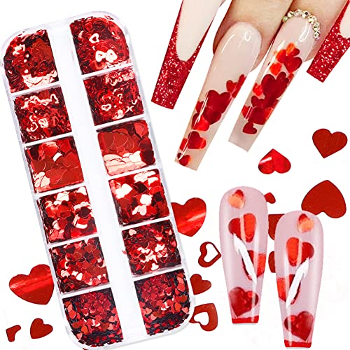 3D Heart Nail Art Stickers - Glitter Decals, Sequins & Holographic Hearts - Valentine's Day Nail Supplies - 12 Grids