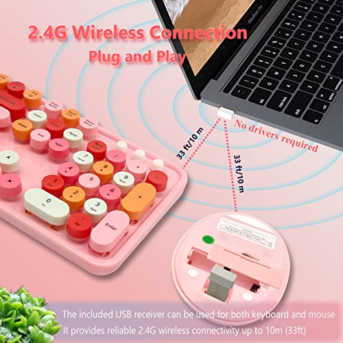 Image of Wireless Keyboard and Mouse Combo, Ergonomic Cute Retro Typewriter Full Size Colorful USB Cordless Keyboard Mouse Set for Gaming and Office (Pink)