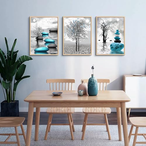 Natural Wood Framed Canvas Wall Art for Living Room Wall Decor for Bedroom Blue Abstract Wall Pictures Bathroom Black and White Paintings Office Decoration Modern Home Decor Framed Art Prints