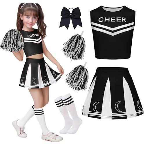 XFOZDM Deguisement Pompom Girl Enfant Deguisement Cheerleader Fille avec Bandeau Pompons et Chaussettes Costume Pom Pom Girl Fille Tenue de Pompom Uniforme pour Carnaval Halloween Fête Noir 130