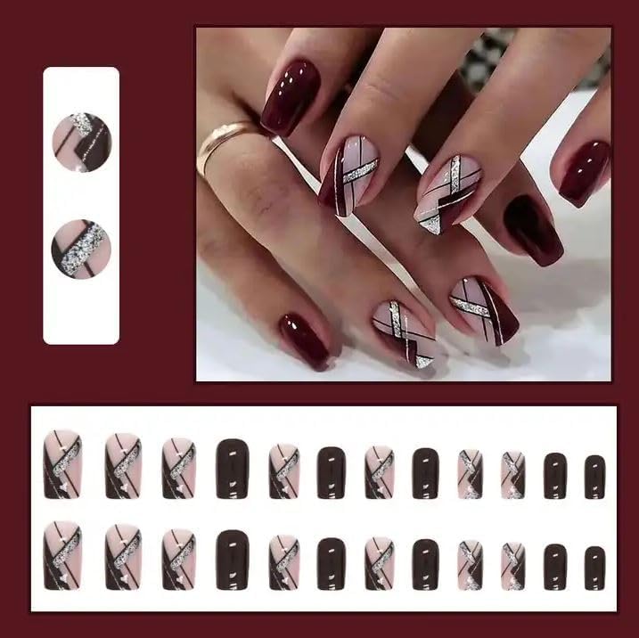 Image of Fashionharbour 24 Reusable Artificial Fake Nail Set| Lightweight & Long Lasting| Easy To Use| Quick Fix For Festivals & Special Occasions (W676)