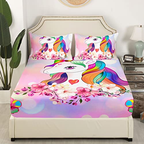 Cartoon Unicorn Pattern Bedding Sheet Cute Animal Decor Fitted Sheet For Kids Boys Girls Teens Dreamy Horse Printed Bed Sheet Set Breathable Magical Fantasy Comforter Cover Room Decor Twin Size #TOP2