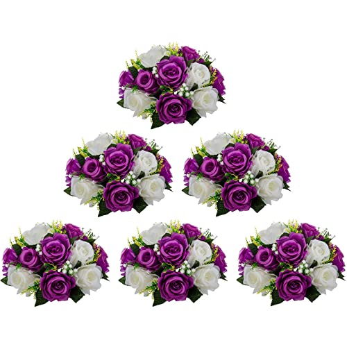 Artificial Flower Centerpieces for Tables: 6pcs of Rose Flower Balls, Flower Kissing Balls, Fake 15-head Plastic Flower Roses with Base for Birthday Party Christmas Home Wedding Decor (Purple White)