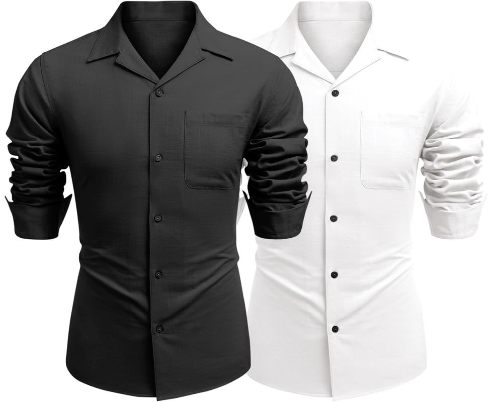 Image of Combo of Men's Casual Cotton Blend Shirt || Long Sleeve Button Down with Spread Collar | Lightweight Breathable Fabric | Stylish Solid Shirt for Beach, Office & Everyday Wear Pack of 2