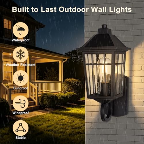 Image of JYZ Outdoor Porch Light Wall Mount, 15 inch Exterior Wall Lighting Fixtures with Seeded Glass Shade, Anti-Rust Matte Black Outdoor Wall Sconce, E26 Base Outside Lantern for Front Door, Patio, Garage