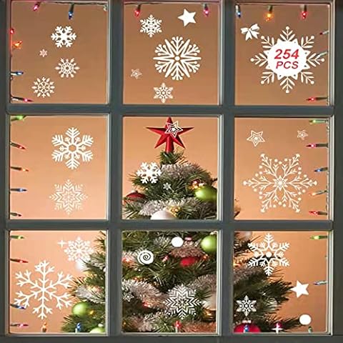 Snowflake Window Stickers Christmas Decorations JIJICZ 254 Reusable Static Adhesive PVC Decal Merry Xmas Snow Flakes and Dots Stickers for Christmas Window Glass Cling Deco New Year Home Decor, White Cover