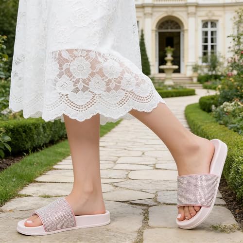Image of Fur Story Womens Slides House Slippers Rhinestone Glitter Slides Cute bling Flat for Women Platform Sandals Cozy Bedroom Slippers Shower Shoes