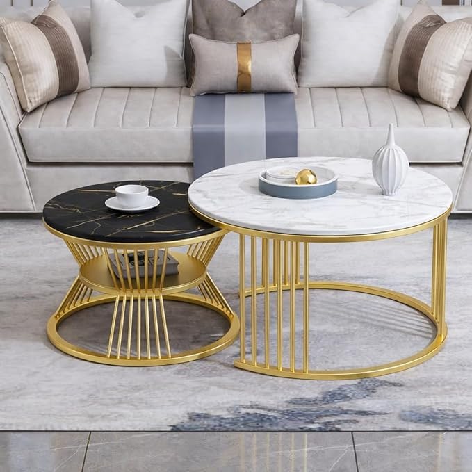 Image of Brown Art SHOPPEE Round Coffee Table Home Decor Furniture Coffee Table Sets,2 Piece MDF Top,Stacking Nesting Table with Iron Frame for Living Room Living Room or Lounge ((B White C Black))