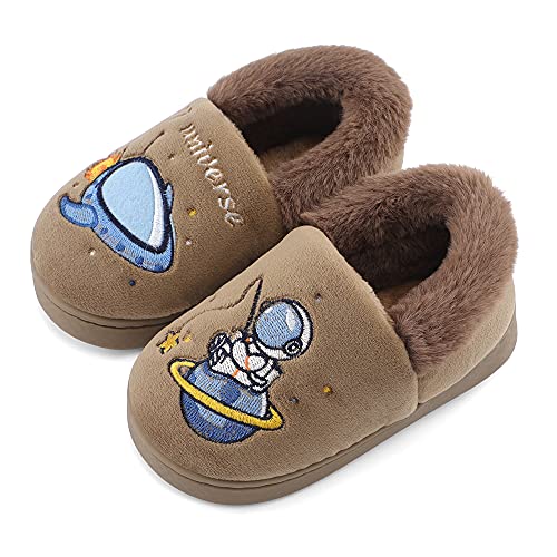 Estamico Boys Girls House Slippers Toddler Warm Fluffy Cute Cartoon Astronaut Winter Home Shoes, Brown 5-6 Toddler #TOP3