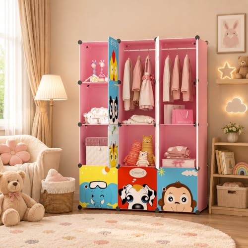 Image of Mevigo Foldable Plastic Wardrobe for Clothes - 12- Door Baby Cupboard for Clothes Storage, Wardrobe for Kids, Plastic Almirah, Collapsible Wardrobe for Kids Livingroom & Home (Pink-HY12, 12- Door)
