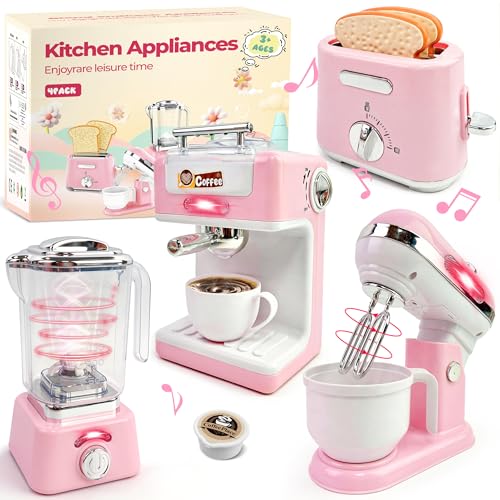 Play Kitchen Accessories,Play Kitchen Appliances with Coffee Maker,Mixer,Toaster and Blender,Kids Kitchen Playset with Lights & Sounds,Pink Kitchen Toys Set for Girls,Birthday Gifts Age 3-5 4-8