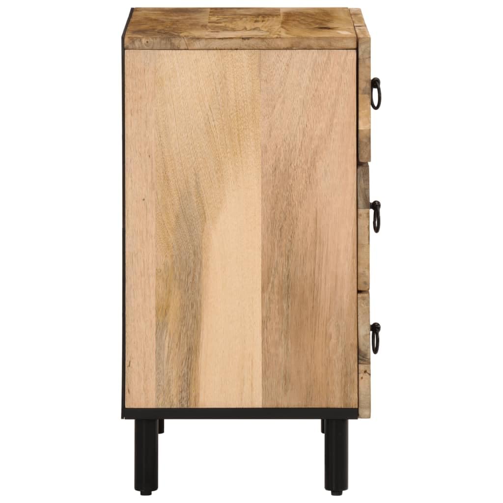 Table de chevet en bois de manguier massif 50 x 33 x 60 cm avec 3 tiroirs, pieds en fer, motif floral sculpté à la main, étagère et espace de rangement pour chambre à coucher, couloir ou