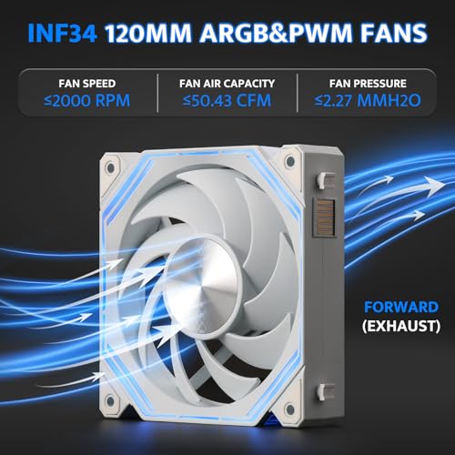 Image of darkFlash INF34 120MM PC Case Fan, Daisy-Chain, up to 2000RPM Cooling, 4-Pin PWM, ARGB CPU Cooling Computer Fan, 3 Pack (Forward, White)