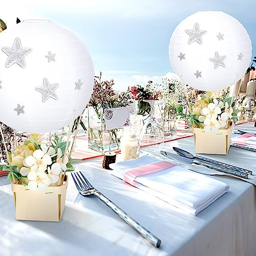 Image of Retisee 12 Sets White Hot Air Balloons Decorations Baby Shower Table Centerpieces 9.84'' Paper Lantern with Basket for Gender Reveal Birthday Wedding School Party Supplies