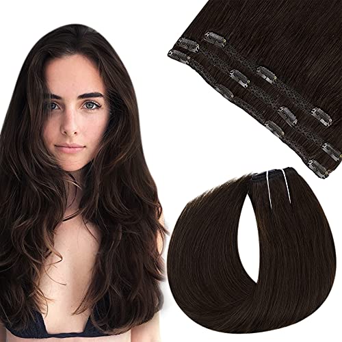 Easyouth Brown Clip in Hair Extensions Human Hair Natural Darkest Brown Seamless Hair Extensions Clip in Remy Hair for Women 14 Inch 50g 3pcs