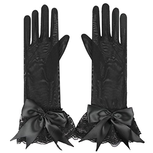 Greenery 30cm Long Elastic Net Yarn Knitted Voile Lace Bowknot Decoration Ladies Dress Gloves for Dinner Party, Weeding and Performance Occasions. (Bowknot black)