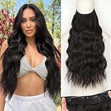 KooKaStyle Invisible Wire Hair Extensions with Transparent Wire Headband Adjustable Size 4 Secure Clips Long Wavy Synthetic Hairpiece for Women (24 Inch Rich Dark Brown with Warm Tones/6#)