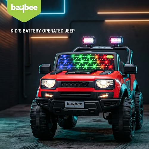 Image of Baybee RoverX Battery Operated Jeep for Kids with Parental Control | Baby Ride On Electric Car with RGB Lights, Music & Swing Mode | Rechargeable Battery Car for Kids 2 to 6 Years Boys, Girls (Red)