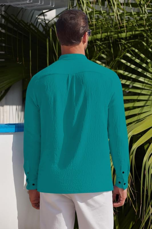 Image of Men's Cotton Blend Straight Kurta Shirt Combo with Mandarin Collar - Slim Fit Casual Short Kurti Set Featuring Textured Slub Fabric and Roll-Up Full Sleeves