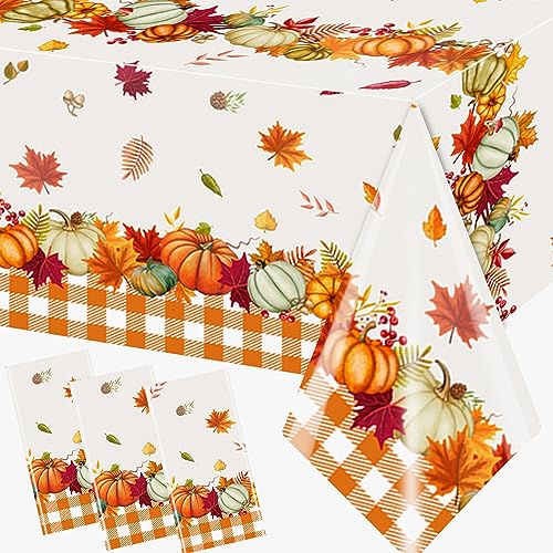 Image of Thanksgiving Tablecloth Decoration,3pcs Fall Plastic Tablecloth Give Thanks Autumnal Pumpkins Table Cloth for Autumn Harvest Thanksgiving Party Supplies