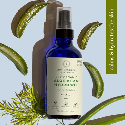 Image of Juicy Chemistry Aloe Vera Face Toner, 50ml | For Soothing, Calming Sensitive & Sun Damaged Skin | Made with 100% Pure Aloe Vera & 100% Certified Organic Mist Spray