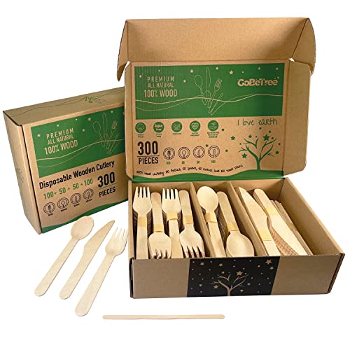 200 cubiertos desechables de madera con 100 paletinas de madera para remover café. Compuesto de cucharas, cuchillos y tenedores desechables con agitadores de café