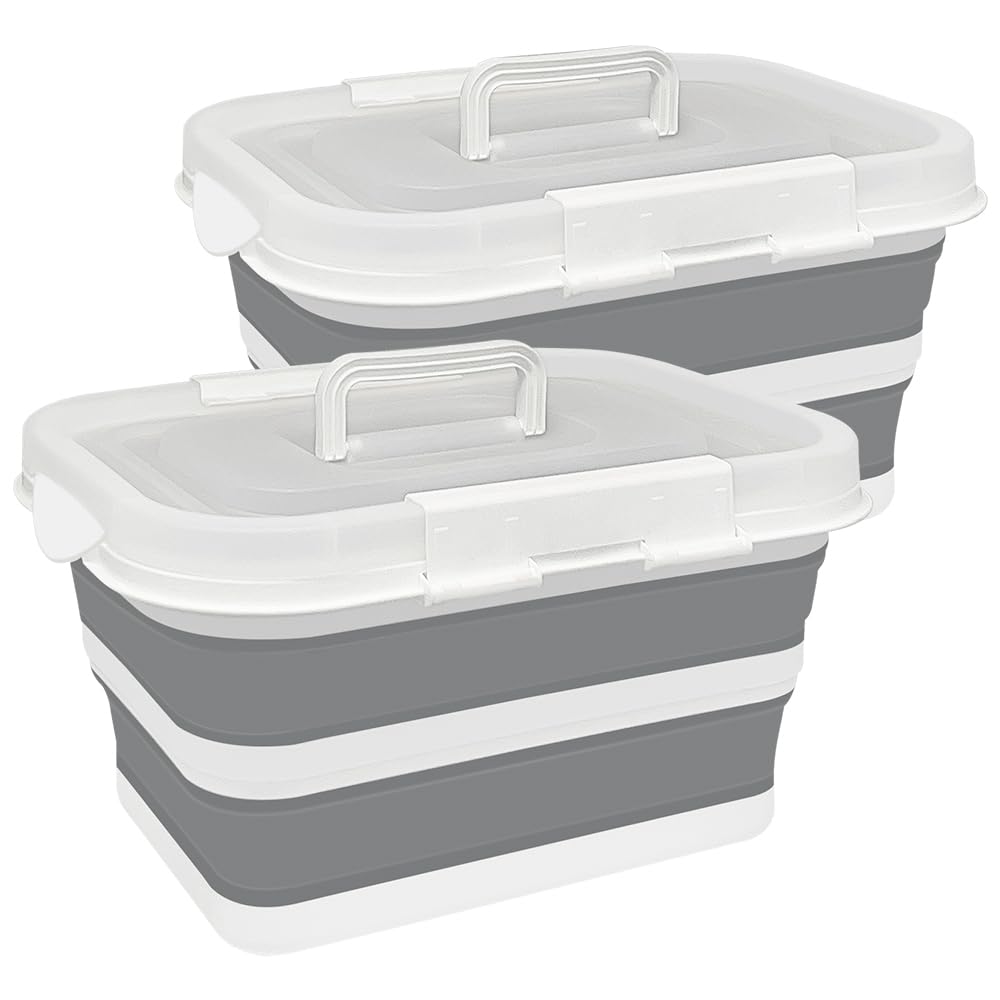 Aimkeoulee 30Qt Collapsible Storage Bins with lids, Large Plastic Container Organizing Box with Handle, 33L Foldable Stackable Utility Organizer for Clothes, Books, Grocery (2 pack, Grey)
