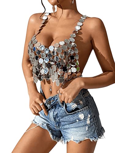 SweatyRocks Women's Backless Metallic Cami Crop Top Chain Linked Sequins Party Top Clubwear Silver XS