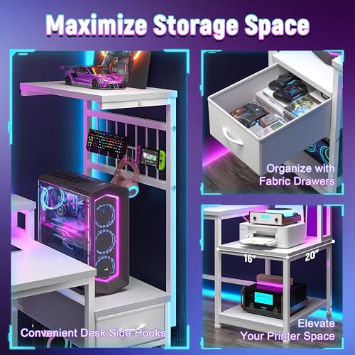 Image of DurayLoly 55 inch Computer Desk with LED Lights & Outlets,Office Desk with Drawers & Monitor Stand,Gaming Desk with 3 Storage Shelves, Hooks& Printer Space for Game&Study Room,Home Office,Bedroom,White