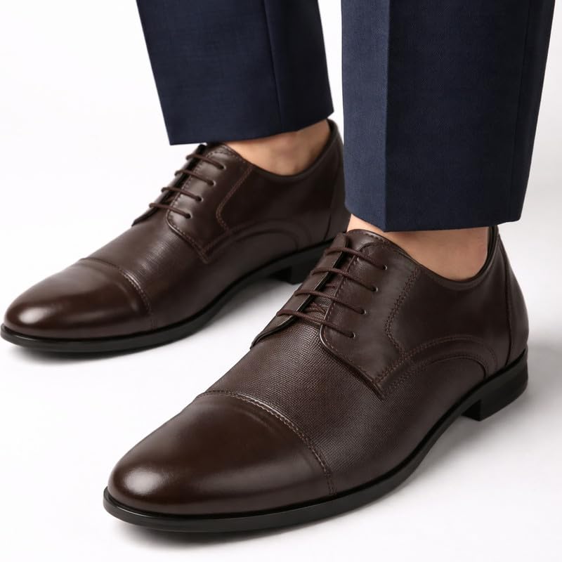 Image of FAUSTO Men's Formal Office Textured Cap Toe Genuine Leather Lace Up Shoes