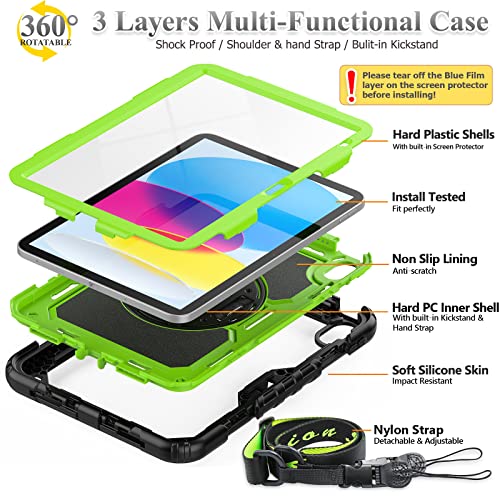 SEYMAC stock Case for iPad (A16) 11th/10th Generation 11''/10.9'' 2025/2022, Full-Body Drop Protection Case with Screen Protector &360° Rotate Hand Strap/Stand, Green+Black by SEYMAC stock - Image 5